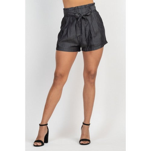 ISP3261-L Denim Paper Bag High Waist Short in Black