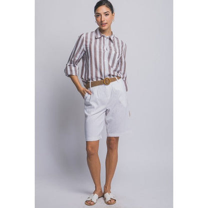 Linen Blend Bermuda Shorts in White
