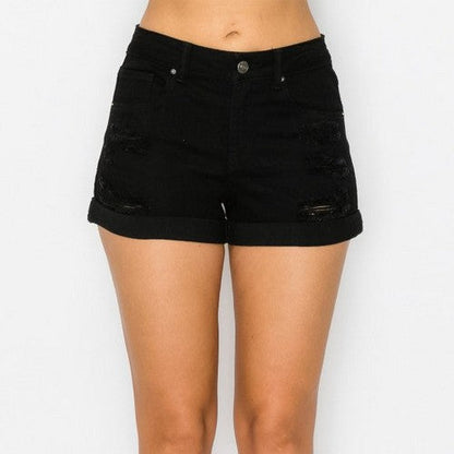 90233 Wax Jean Destruction Roll Cuff Shorts in Black