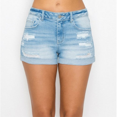 90233 Wax Jean Destruction Roll Cuff Shorts Light Denim