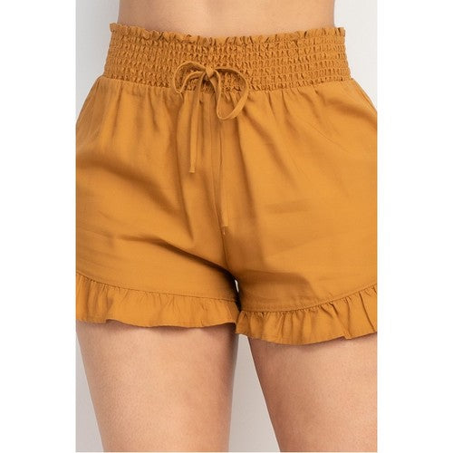 Smock Waist Ruffle Denim Shorts in Camel