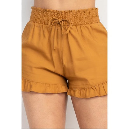 Smock Waist Ruffle Denim Shorts in Camel
