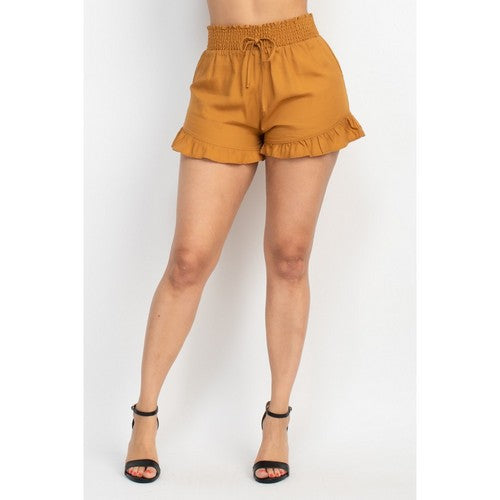 BSP09177-L Smock Waist Ruffle Denim Shorts in Camel