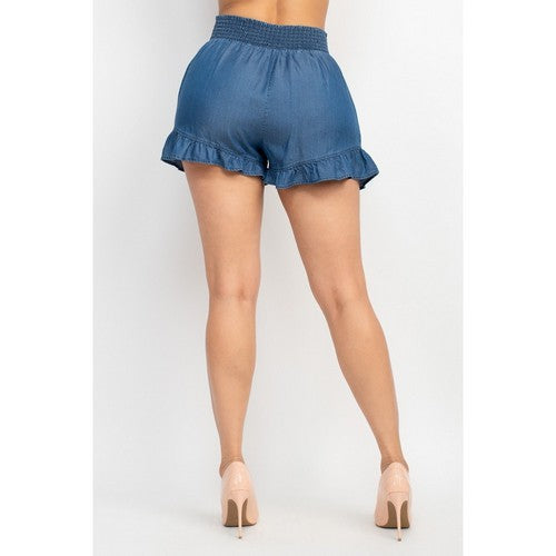 Smock Waist Ruffle Shorts in Medium Denim