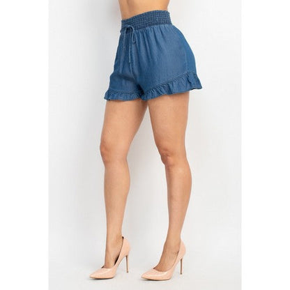 Smock Waist Ruffle Shorts in Medium Denim