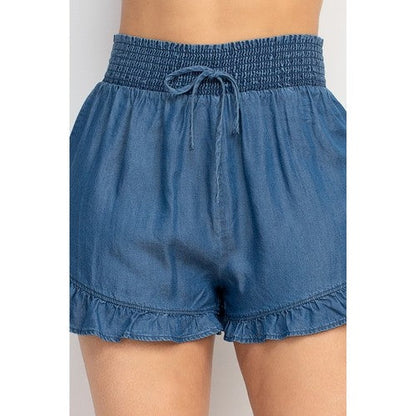 Smock Waist Ruffle Shorts in Medium Denim