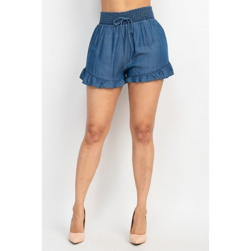 BSP09177-L Smock Waist Ruffle Denim Shorts in Medium Denim