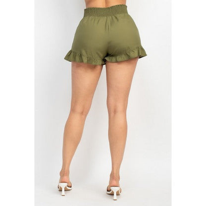 Smock Waist Ruffle Denim Shorts in Olive