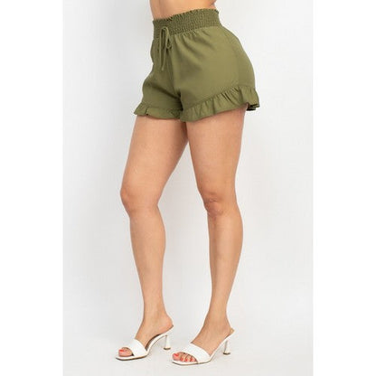 Smock Waist Ruffle Denim Shorts in Olive