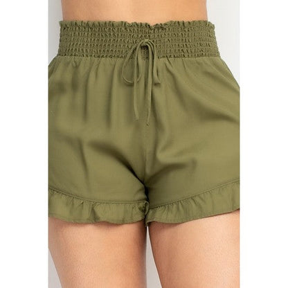 Smock Waist Ruffle Denim Shorts in Olive