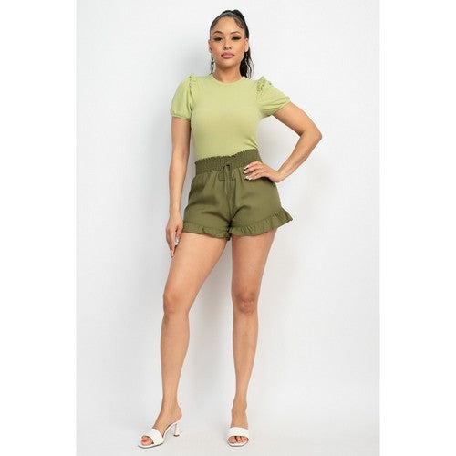 Smock Waist Ruffle Denim Shorts in Olive