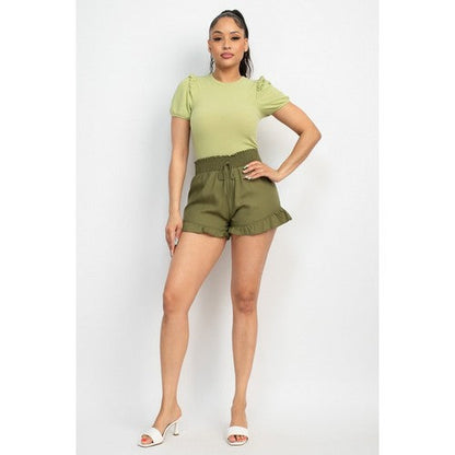 Smock Waist Ruffle Denim Shorts in Olive