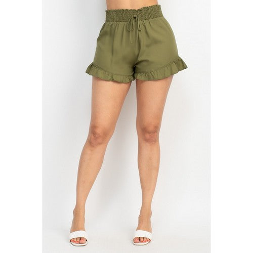 BSP09177-L Smock Waist Ruffle Denim Shorts in Olive