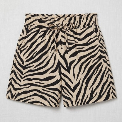 Papaya Linen Elasticated Waist Shorts in Zebra Black/Beige