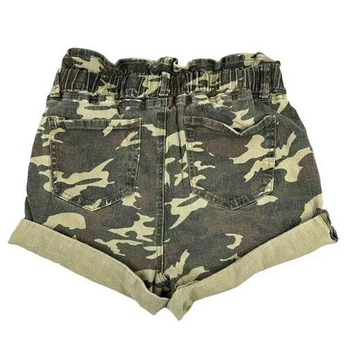 Denim Paper Bag Shorts in Camouflage Green