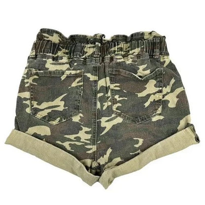 Denim Paper Bag Shorts in Camouflage Green