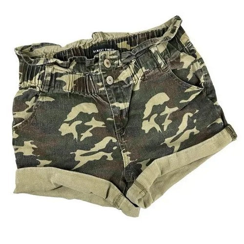 Denim Paper Bag Shorts in Camouflage Green