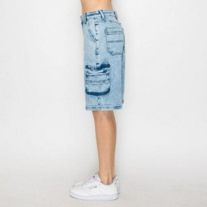 Wax Jean Acid Wash Cargo Shorts in Medium Denim