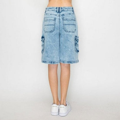 Wax Jean Acid Wash Cargo Shorts in Medium Denim