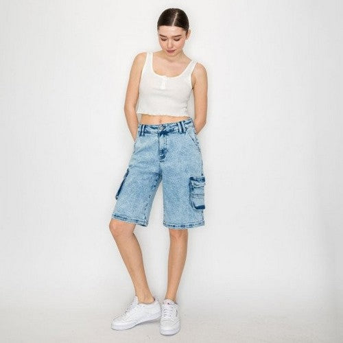 Wax Jean Acid Wash Cargo Shorts in Medium Denim