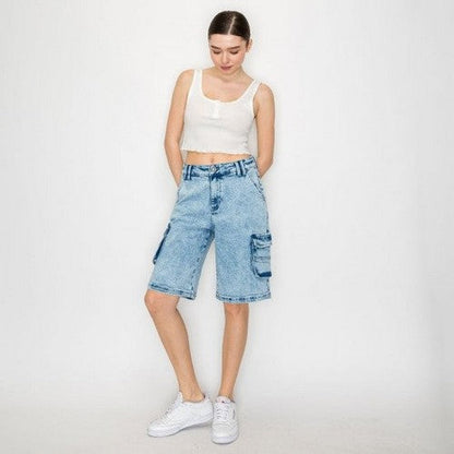 Wax Jean Acid Wash Cargo Shorts in Medium Denim