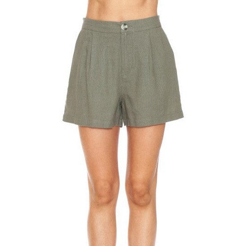 74808 Linen Pleat Front Shorts in Military Green