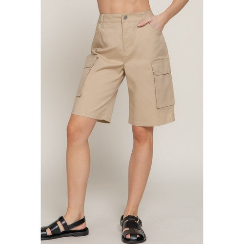P14353 Cotton Cargo Bermuda Shorts in Beige