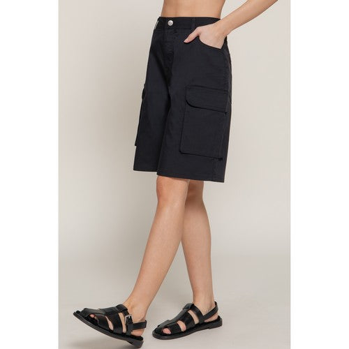 Cotton Cargo Bermuda Shorts in Black