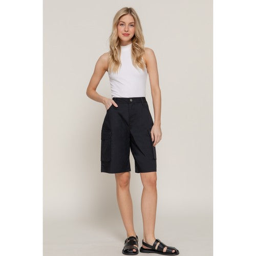 Cotton Cargo Bermuda Shorts in Black