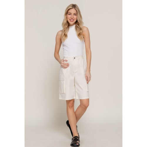 Cotton Cargo Bermuda Shorts in Ivory