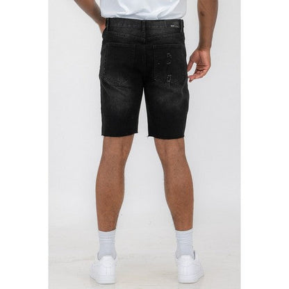 Distressed Cut-Off Denim Shorts in Black