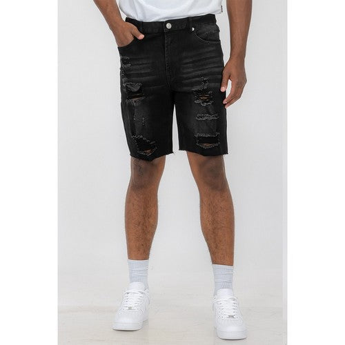 DSP1-C420 Distressed Stretch Denim Shorts in Black