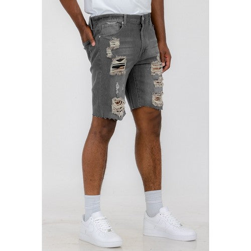 Distressed Cut-Off Denim Shorts in Grey
