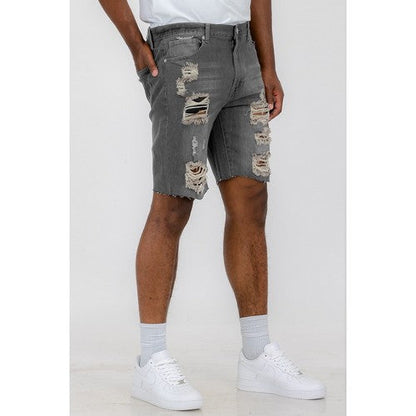 Distressed Cut-Off Denim Shorts in Grey