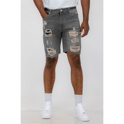 DSP1-C420 Distressed Stretch Denim Shorts in Grey