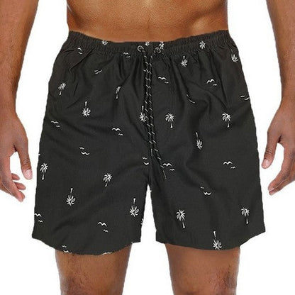 SW012 Palm Tree Print Swim Trunk Shorts in Black