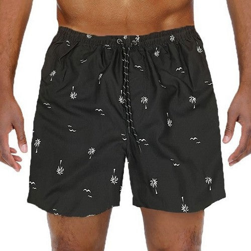 SW012 Palm Tree Print Swim Trunk Shorts in Black