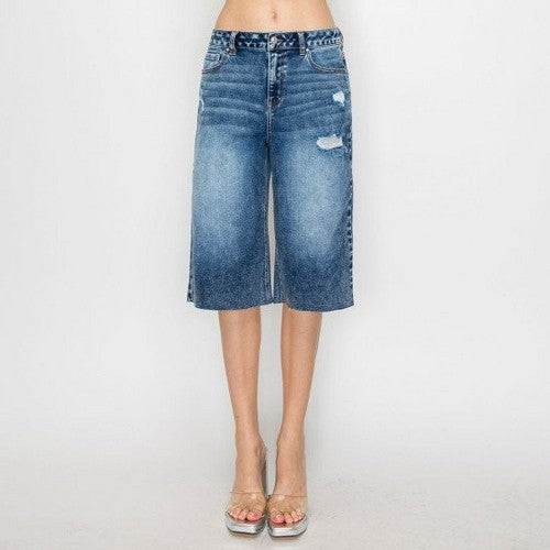 90391 Wax Jean Sprinkle Wash Raw Hem Short in Dark Denim
