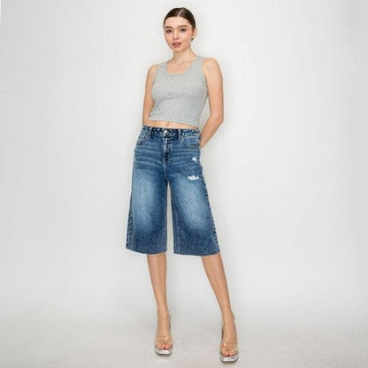 Wax Jean Sprinkle Wash Raw Hem Short in Dark Denim