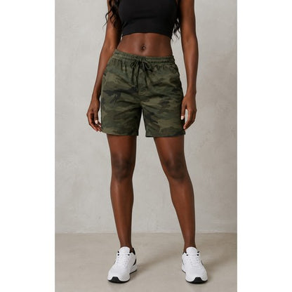 Linen Patch Pocket Drawstring Shorts in Green Camo