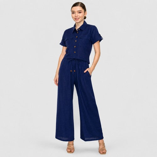 Linen Cargo Shirt and Wide Leg Pant Set in Navy