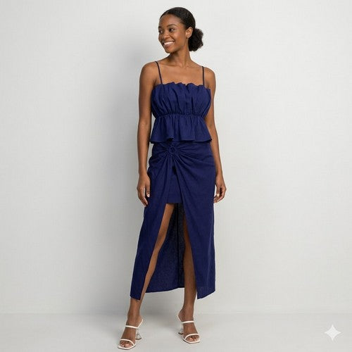 Linen Ruffle Cami Top & High Slit Midi Skirt Set in Navy