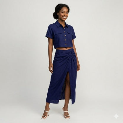 Linen Cargo Shirt & High Slit Midi Skirt Set in Navy