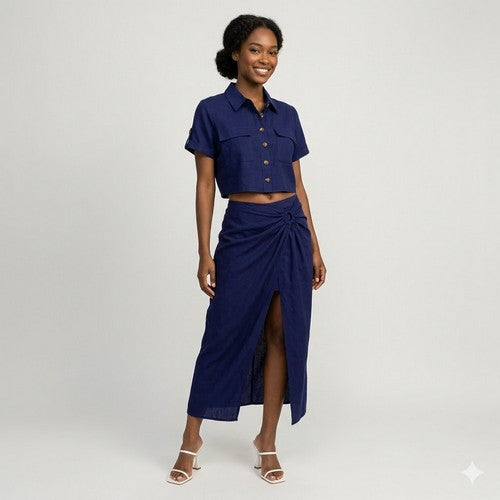 Linen Cargo Shirt & High Slit Midi Skirt Set in Navy