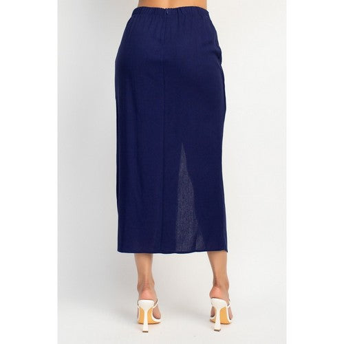 Linen Ruffle Cami Top & High Slit Midi Skirt Set in Navy