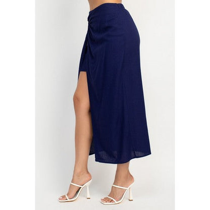 Linen Ruffle Cami Top & High Slit Midi Skirt Set in Navy