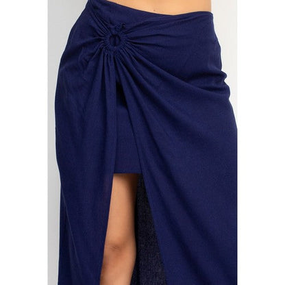 Linen Ruffle Cami Top & High Slit Midi Skirt Set in Navy