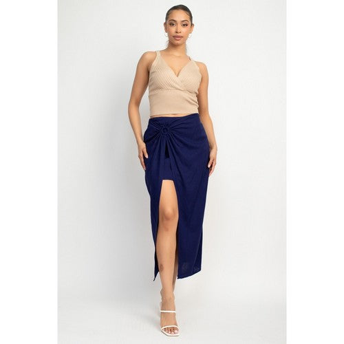 High Slit Linen Midi Skirt in Navy