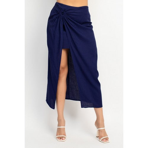 IS1474 Linen O-ring Wrap Midi Skirt in Navy
