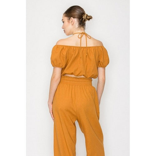 Linen Bead Halter Strap Bubble Crop Top in Light Rust